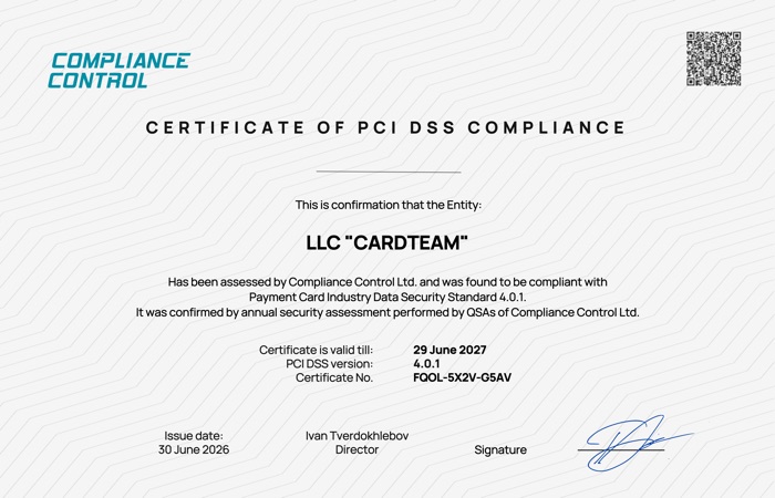 Сертификат соответствия PCI DSS CardTeam, английская версия